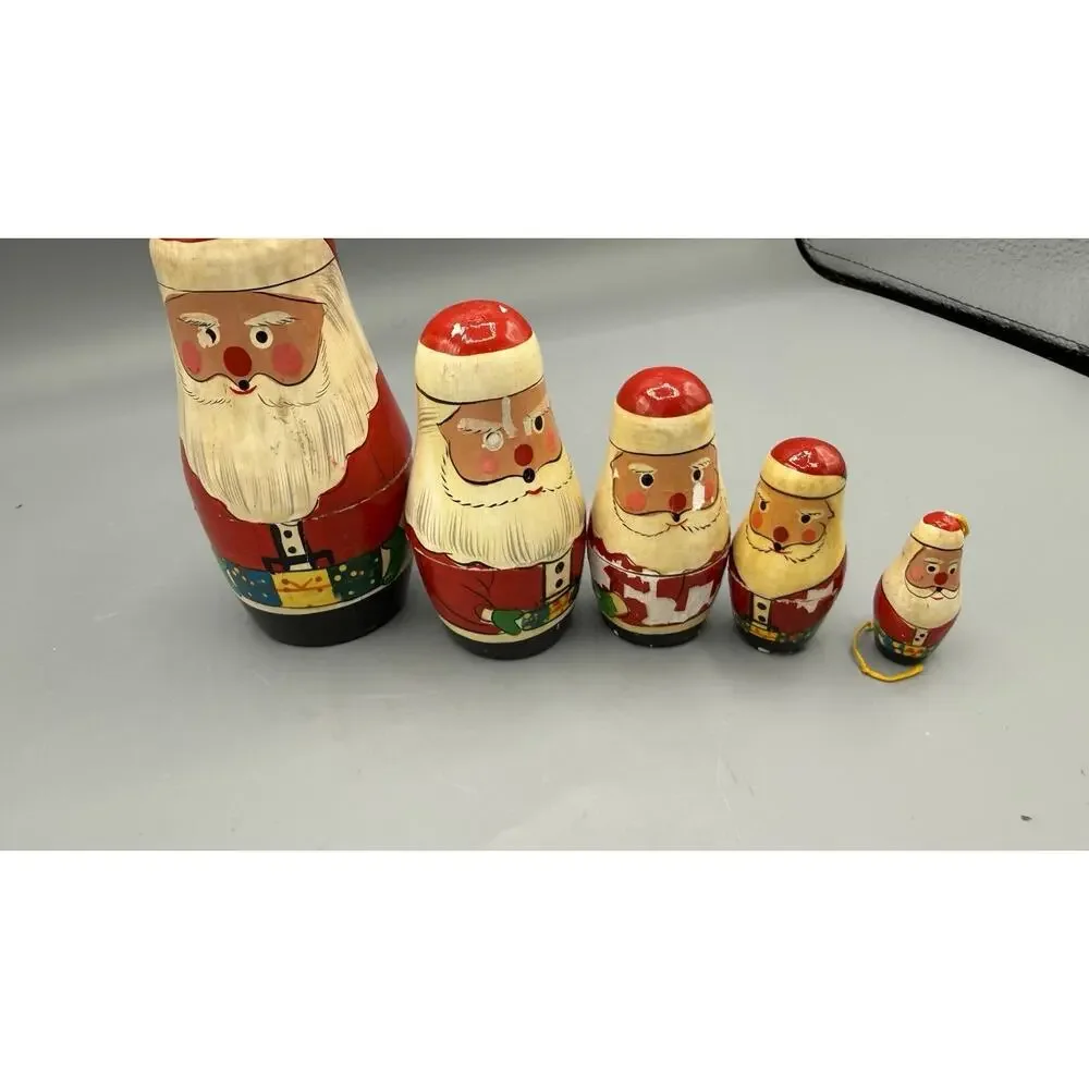 Vintage Wooden Santa Stacking Doll Set Folk Art Nesting Christmas As Is